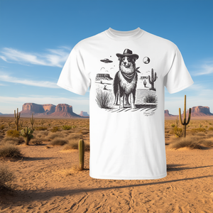 Camiseta con diseño gráfico de sombrero de vaquero y pastor australiano, escena del desierto del oeste - Product Image 3