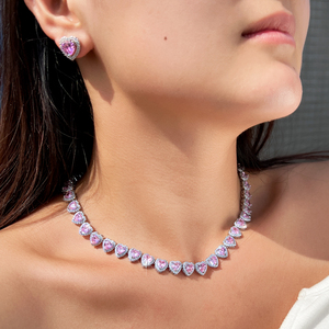 Khá rực rỡ Iced out cubic <span class=keywords><strong>zircon</strong></span> màu hồng tình yêu thiết kế trái tim Vòng cổ và bông tai đặt cho phụ nữ hẹn Wedding Jewelry Set - Product Image 3