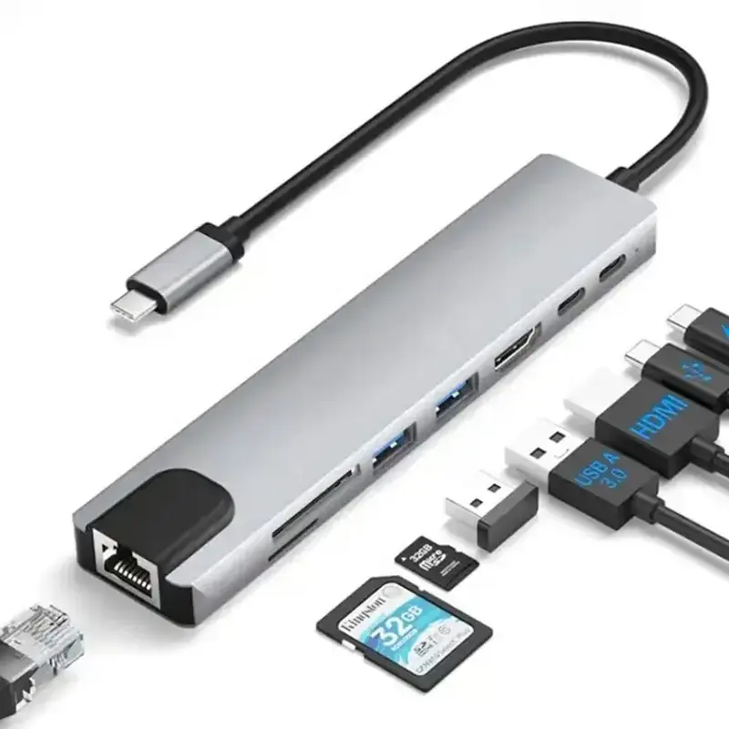 Dok Hub adaptor Multiport Hub, pembaca kartu TF SD USB 3.0 HDMI 4K HDTV dengan pengisian daya 100 megabit kecepatan Internet