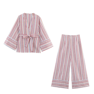 Conjunto de Camisa y Pantalones a Rayas Personalizado para Mujer, Traje Casual de Dos Piezas para Oficina, OEM por Fábrica de Ropa China, Conjuntos Vintage de 2 Piezas - Product Image 1