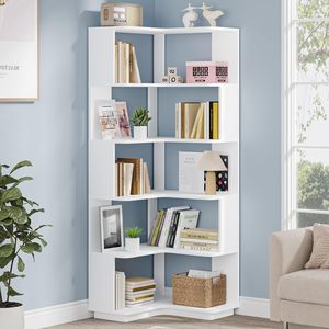 Modern 6Tier <strong>White</strong> Wood <strong>Corner</strong> <strong>Shelf</strong> <strong>Unit</strong> for Living Room Kitchen Storage and Display Organization - Product Image 2