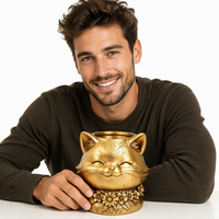 Pot de fleurs en polyrésine en forme de tête de chat souriant, 25 cm, sculpté et peint à la main, motif floral doré, ornement pour la maison et le jardin, cadeau de pendaison de crémaillère
