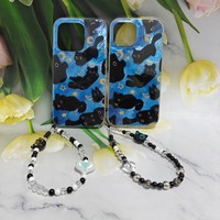 Coque de téléphone pour iPhone 16 15 14 13 12 11 Pro Max avec bracelet, motif chat noir et étoile, dos de lune