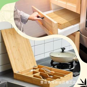 Boîte de rangement pour couverts en bois sur mesure, à couvercle rabattable, grande capacité, avec compartiments séparés pour baguettes, cuillères, couteaux, etc. - Product Image 2