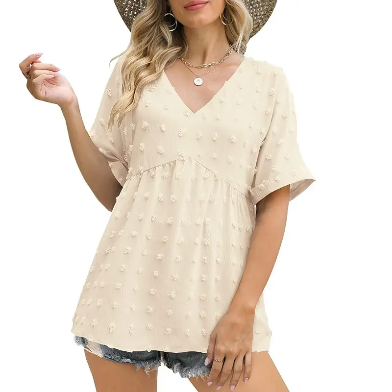 Hot Selling Female Clothes Ladies Short Sleeve Chiffon Sexy V Neck Solid Women Blouses Casual Tee Shirt Tops Tee Shirt Tops