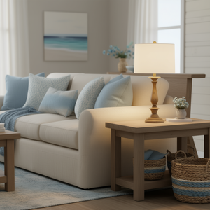 Lámpara de mesa de poliresina con efecto madera costera, 27.5 pulgadas, pantalla blanca tipo tambor, fuente de luz LED, base E26, para sala de estar - Product Image 2