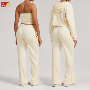 Allure Body Women's Hooded Crop <b>Top</b> And Wide Leg Pants Set <b>Long</b> <b>Sleeve</b> Loose Fit Yoga Wear For Young Women - Product Image 3