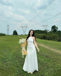 Robe longue blanche décontractée unie en dentelle naturelle, col halter, nœud sur l'épaule, sans manches, élégante, légère, respirante, tissée - Product Image 5