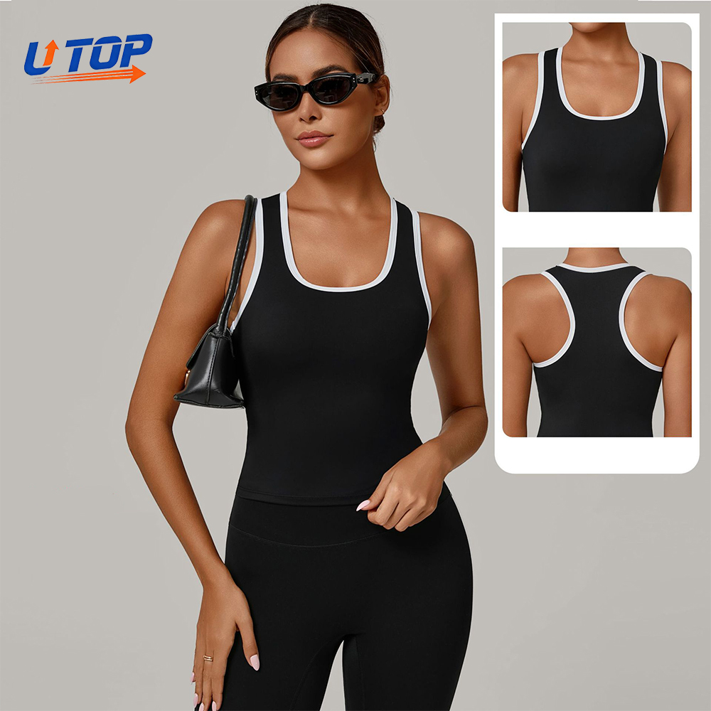 Custom Logo Women's Fashion Contrast Color Side Stripe Sports Yoga Sleeveless Vest Gym Sports Training Moisture-Wicking Yoga Top