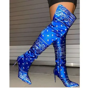 Winter and fall new fashion lady boots bags set printed bandana silk thigh high heel shoes over knee long boots women high boots