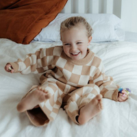Ensemble deux pièces en tricot à carreaux pour enfants, pull à manches longues et pantalon, vêtements décontractés, vente en gros