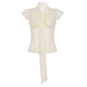 Chemisier élégant et féminin en tissu respirant plissé à manches courtes, avec nœud sur le devant, couleur unie, imprimé numérique, idéal pour l'été - Product Image 6