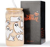 Mug en verre Halloween Ghost Fall avec couvercle et paille, gobelet réutilisable anti-fuite pour femmes et adolescentes, moderne, léger et facile à nettoyer