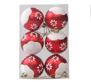 Diy 8cm 6 peças bola de plástico enfeites de natal vermelho branco glitter pintado decoração de árvore de natal bola