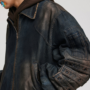 Chaqueta Bomber Vaquera de Hombre con Cremallera, Estilo Vintage, Lavado Desgastado, con Múltiples Botones y Mangas con Correa, Talla Grande - Product Image 6