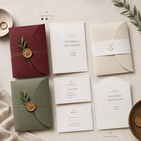Ensemble d'invitations de mariage élégantes et minimalistes personnalisées, carte gaufrée ivoire avec enveloppe bordeaux et bordure dorée