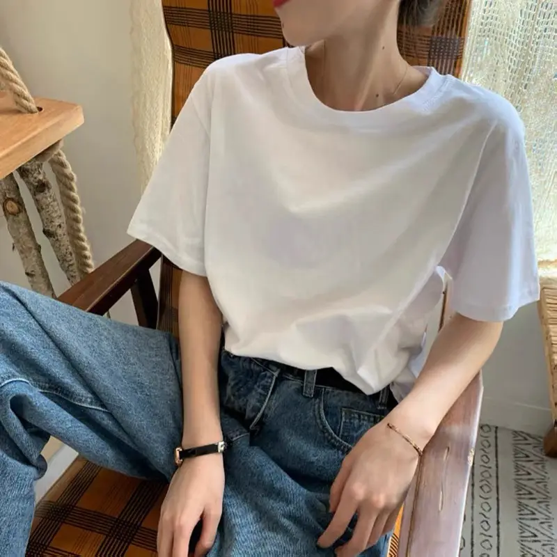 HF cheap T-shirt Women summer plain short sleeve simple round collar white inner top