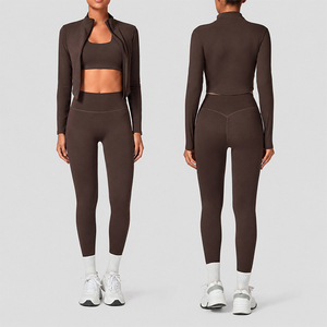 Women Gym Set 3 Piece Breathable High Waist Leggings Padded Sports Bra Long Sleeve <b>Zip</b> Jacket Workout Outfit - Product Image 1