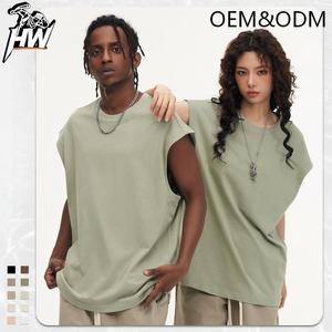 T-shirt sans manches col rond unisexe en pur coton 270g, style streetwear américain, traitement anti-plis, motif uni - Product Image 2