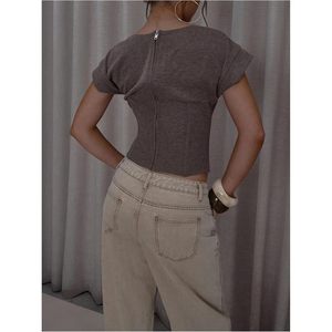 Haut court personnalisé pour femme, tricoté, à manches courtes, col rond, fermeture éclair au dos, décontracté - Product Image 3