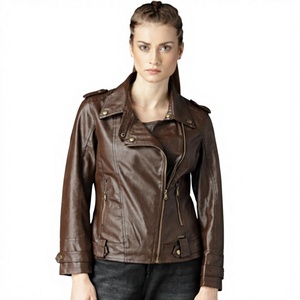 Veste motard élégante marron unie, col ouvert, deux poches, fermeture à bouton unique, manches longues, coupe droite, 100% coton. - Product Image 1
