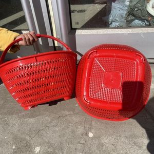 <b>Plastic</b> Imitation Bamboo Woven Shopping <b>Basket</b> Red Durable Vegetable Fruit Storage <b>Basket</b> No Handle - Product Image 2