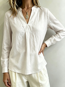 Nueva Llegada, Camisa a Rayas para Mujer Estilo Europeo Americano, Cuello en V Holgado con Bolsillo, Blusa Informal con Cuello para Uso Diario - Product Image 5