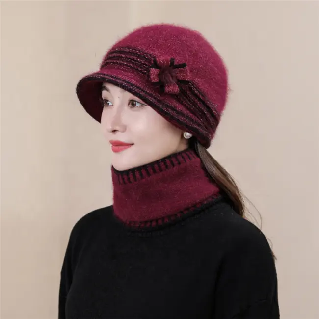 럭셔리 디자인 2022 고품질 니트 따뜻한 토끼 모피 비니 패션 겨울 양동이 모자 및 스카프 Bowknot