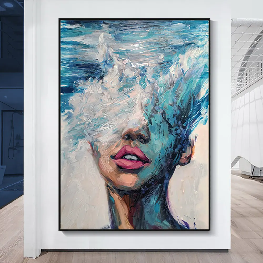 Figura astratta 100% pittura a olio fatta a mano su tela Sea Wave Girl Wall Art di grandi dimensioni dipinta a mano