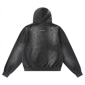 Washed Black <b>Zip</b> Up <b>Hoodie</b> Letter Embroidery Double Zipper Rivet <b>Pocket</b> Heavy Oversized Distressed Streetwear Custom Men <b>Hoodie</b> - Product Image 3