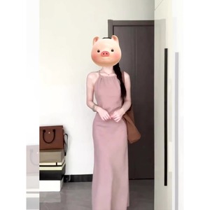 Vestido de Noche Estilo Francés, Color Rosa Suave, Cuello Halter, Falda Larga de Gasa con Patrón Geométrico, Cintura Natural, Sin Mangas - Product Image 3