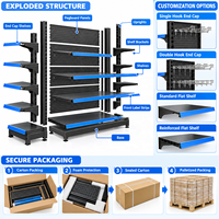 Étagère de présentation gondole double face noire pour supermarché, robuste, avec bord avant bleu, en métal, pour magasin de détail