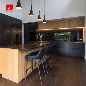 Alland pullout tủ tường mô-đun Veneer ván ép đảo thiết kế theo phong cách hiện đại tủ bếp với bồn rửa và đèn LED cho biệt thự - Product Image 2