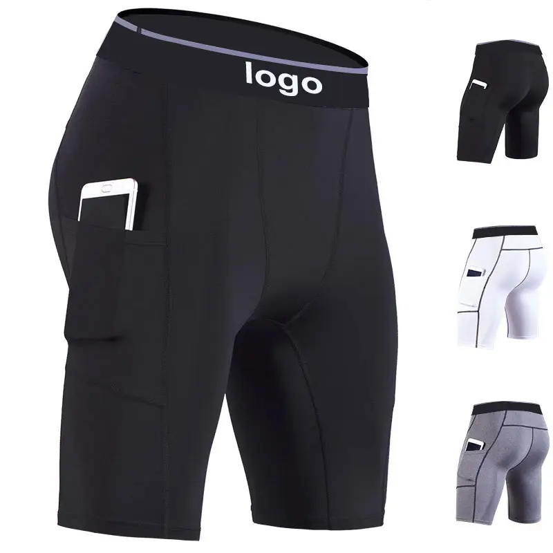 Men Sports Gym Compression Phone Pocket Wear Under Base Layer Tights Shorts Pants