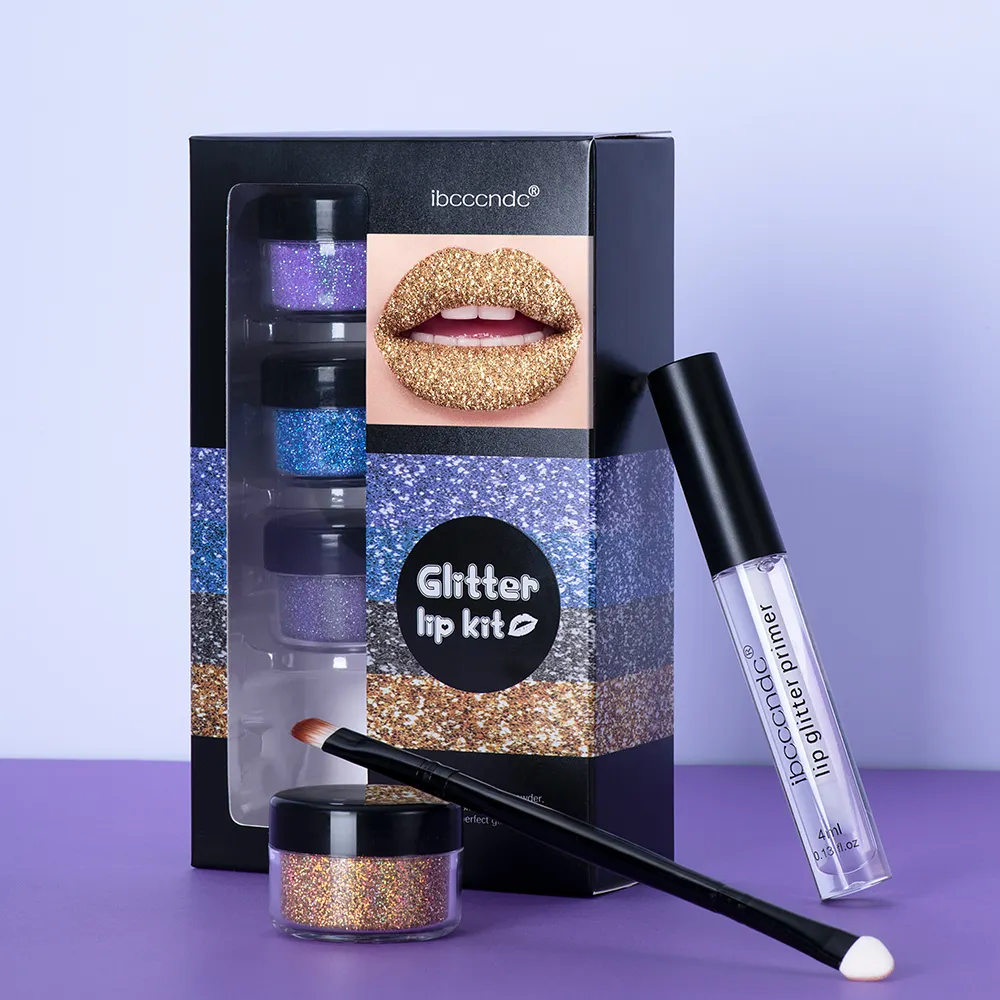 4 Colors High Pigmented Powder Lip Glitter Kit Waterproof Private Label Custom Logo Shiny Lip Gloss Glitter Lip Kit