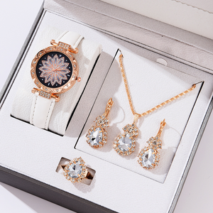 LP28 Ensemble <span class=keywords><strong>de</strong></span> <span class=keywords><strong>luxe</strong></span> quatre pièces pour <span class=keywords><strong>femme</strong></span> : collier, bague, boucles d'oreilles et montre-bracelet, orné <span class=keywords><strong>de</strong></span> strass, idéal pour la vente en gros et en stock - Product Image 1