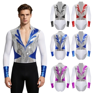 Justaucorps de performance professionnel pour homme, orné de paillettes, à col en V profond, design aile, coupe ajustée, pour patinage artistique sur mesure - Product Image 1