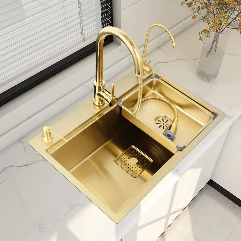 Nano-304 Stainless Steel Sink Large Single Kitchen Sink Gold Brushed Household Sink 3 Holes Faucet Filter Faucet Accessories