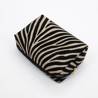 Sac de maquillage personnalisé en gros avec logo imprimé zèbre, pochette cosmétique en textile tissé noir et beige pour femme, voyage, luxe