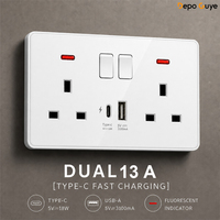 Prise murale universelle britannique à 5 broches avec USB Type C 18W à charge rapide, interrupteur 4 voies, usage industriel, prise électrique