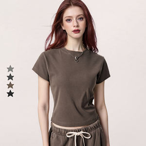 2025 European Streetwear <b>Slim</b> <b>Fit</b> Tee for <b>Women</b> Straight Shoulder Flattering Round Neck Summer <b>T</b>-<b>Shirt</b> - Product Image 3