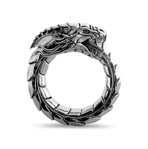 北欧神话龙民族戒指仿古银3d独特设计复古男士合金戒指