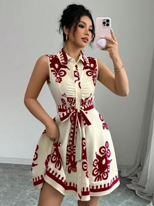 Vestido Midi Elegante de Verano para Mujer 2026, Sin Mangas, Estampado Floral, Cintura con Lazo, Cuello Camisero, Estilo Línea A, Dropshipping Shopify - Product Image 6