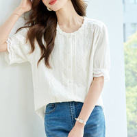 Chemise à manches courtes en dentelle, version coréenne, ample et amincissante, en coton, haut d'été pour femmes