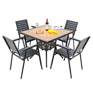 Garden Set <b>Outdoor</b> <b>Table</b> Chair Combo 4 Seater Steel Frame <b>Plastic</b> Wood Style Modern Design Weather Resistant Patio Furniture - Product Image 1