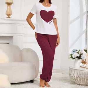 <span class=keywords><strong>Pijama</strong></span> de dos piezas para <span class=keywords><strong>mujer</strong></span>, de <span class=keywords><strong>manga</strong></span> <span class=keywords><strong>corta</strong></span>, cintura elástica, pantalón <span class=keywords><strong>largo</strong></span>, estilo dulce y amoroso, ropa de casa suave y cómoda para otoño. - Product Image 2
