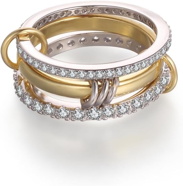 Fashion Jewelry 18K Gold Classic Engagement Trendy Three Ring Luxury Zircon Interlocking Stackable Multi-Link Rings for Women