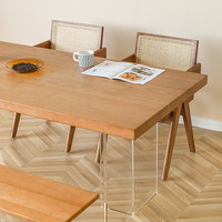 Table de restaurant flottante moderne, plateau en placage de bois de cerisier, pieds en acrylique transparent, design minimaliste nordique, usage commercial et domestique