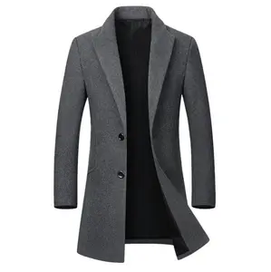 Casaco de lã longo masculino, jaqueta de inverno de lã de alta qualidade, casual, com gola fina, casaco de algodão longo