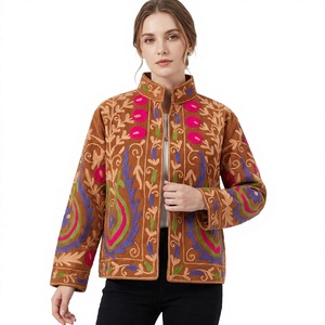 Chaqueta Acolchada Bordada Estilo Indio para Mujer, Estilo Boho de Verano, Mangas Largas, Cuello Mandarín, Algodón Transpirable - Product Image 1